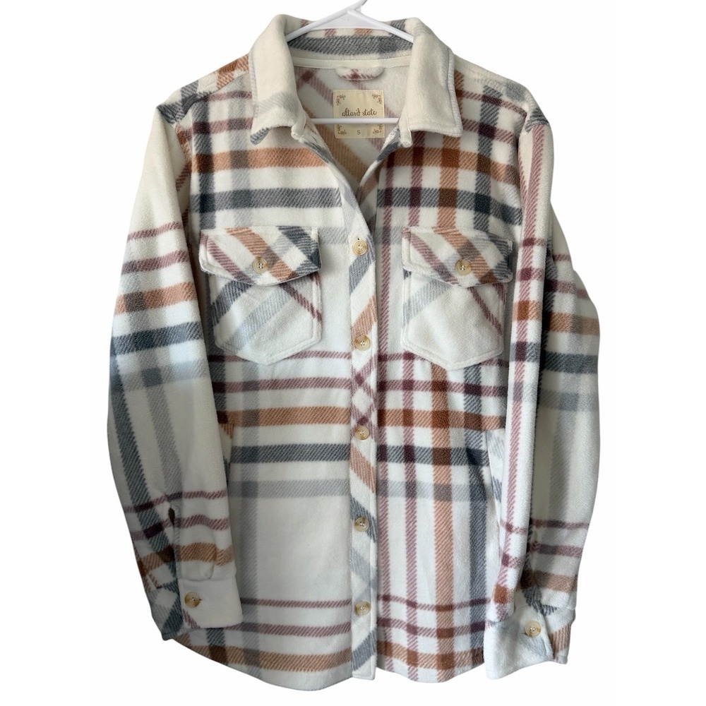 Altar'd State Plaid Checkered Fleece Shirt Jacket Butter Cream Womens Size Small